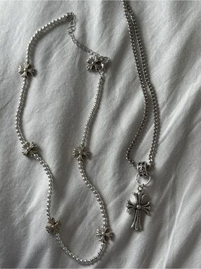 Silver Cross Pendant Necklace with Flower Link Station Chain
